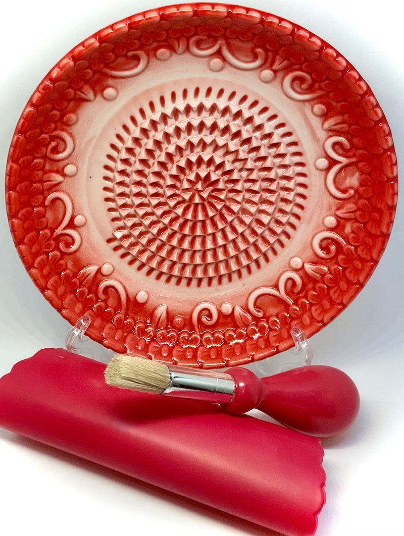 BonCera, All-in-one Premium Ceramic Garlic Grater Plate 4-Piece Set - Red Embossed Design and Style - For Garlic, Ginger, Chocolate, and more! - Comes with 5.25" Plate, Peeler, Brush, and Stand - Image 5